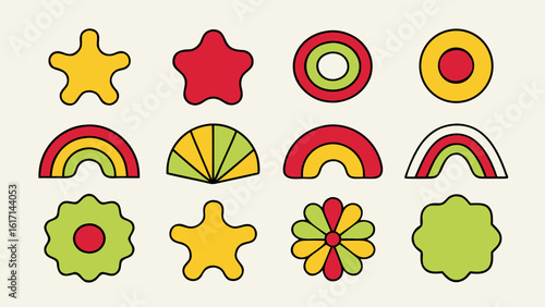 Abstract linocut geometric shapes with funky styles and sticker elements for creative design projects