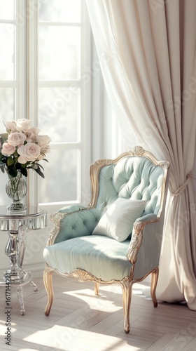 Light-filled room, vintage armchair, soft pastel hues