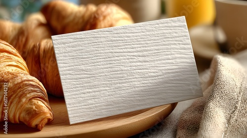 Blank business card mockup on a wooden plate with croissants.