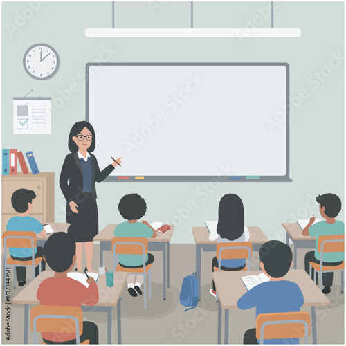Teacher instructing elementary students in a classroom with a large blank whiteboard for educational concepts and copy space.