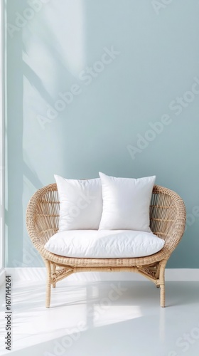 Light-filled room with a light beige wicker armchair.  Two white cushions sit atop the rounded seat.  Sunlight casts shadows on a pale sage green wall.  A window is visible in the background
