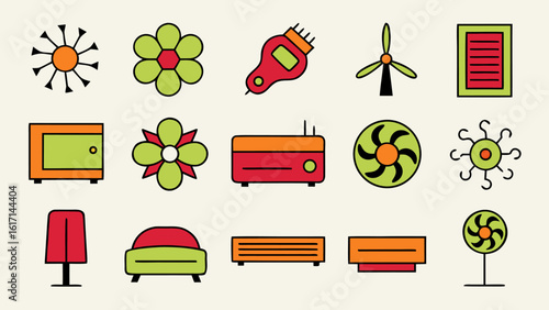 Comprehensive collection of air conditioning symbols featuring cooling fan airflow and climate control elements for modern design applications
