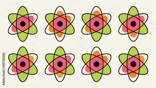 Collection of atom symbols featuring a central nucleus and orbiting electrons in striking black yellow cyan and magenta color palettes for scientific and educational designs