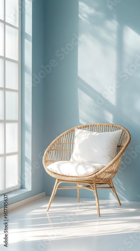 Light-filled room corner with a woven chair
