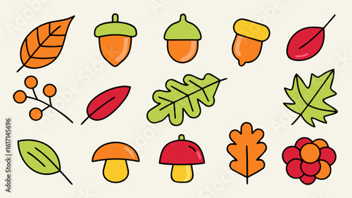 Charming hand drawn autumnal elements collection for children featuring crayon textures and natural motifs in vibrant hues