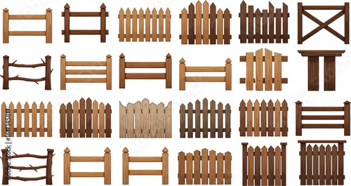 Diverse wooden fences and gates collection for ranch or garden design