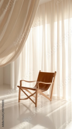 Light-filled room with a single tan leather chair