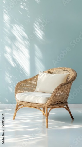Light-filled room with a woven armchair.  Sunlight casts shadows on a pale teal wall.  Cream-colored cushion on a light beige rattan chair.  White floor