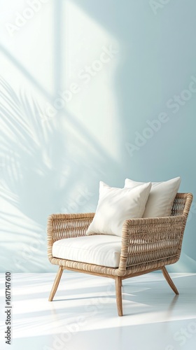 Light-filled room with a woven armchair and cream cushions.  Sunlight casts shadows of a palm leaf