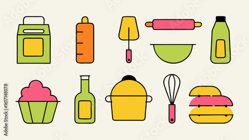Collection of illustrated kitchen baking utensils and ingredients for culinary creations and food preparation