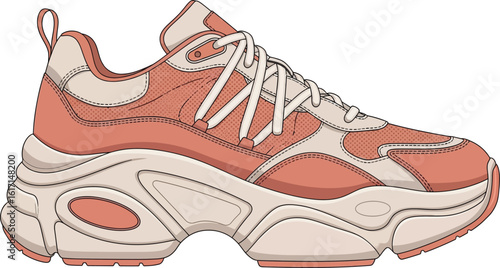 Trendy coral and beige chunky athletic sneaker, modern fashion footwear