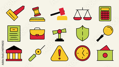 A collection of simple flat style graphic symbols representing financial distress legal proceedings and economic hardship presented in a clean modern design