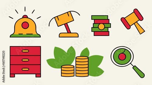 A collection of simple flat colored graphic symbols representing financial difficulties insolvency and economic hardship presented in a clean and modern style