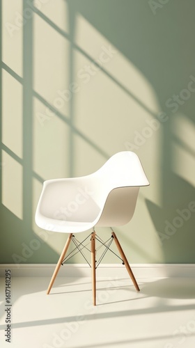 A white molded plastic chair with light brown wooden legs sits in a sunlit room
