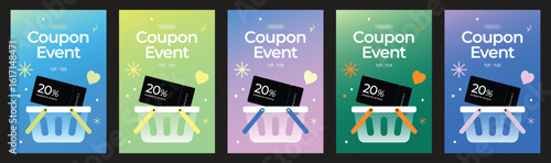 Colorful Coupon Event Templates with Shopping Cart Illustration