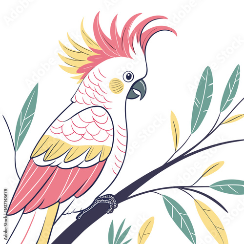 Stylized illustration of a white cockatoo with pink and yellow crest perched on a branch with green and yellow leaves