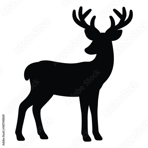 Black silhouette of a stag deer with large antlers standing on a white background animal wildlife