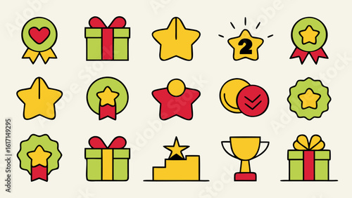 Comprehensive collection of reward and loyalty program graphics featuring bonus and benefit symbols for customer engagement and appreciation initiatives