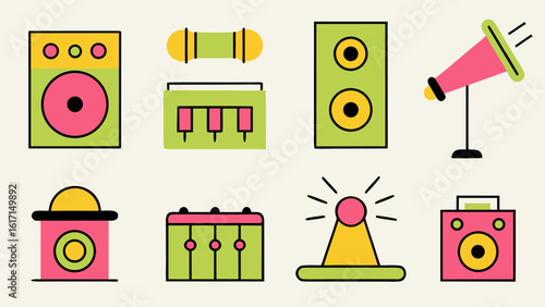 Collection of monochrome stage and audio equipment symbols for concerts performances and live sound production