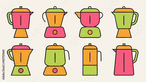 Comprehensive kitchen appliance icon collection featuring blenders in both outline and full color graphic styles for culinary design projects