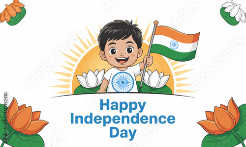 ashoka chakra, happy independence day indian, independence day india, India flag celebration with cartoon boy waving national flag and surrounded by lotus flowers