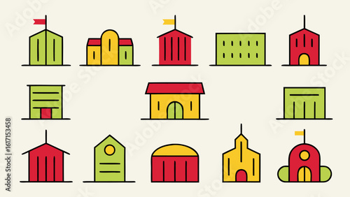 Comprehensive collection of architectural structures and notable landmarks presented as clean modern graphic symbols for diverse design applications