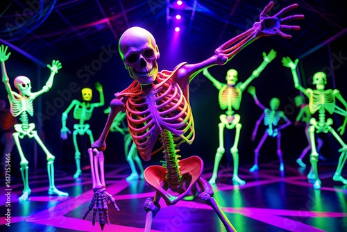 Skeletons dancing energetically under neon lights at a vibrant nightclub