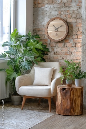 Cozy corner with large clock and plants