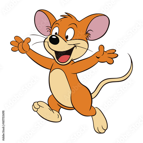 A cute cartoon mouse with big round ears and bright eyes joyfully jumping mid-air, tail curled, whiskers twitching, full of playful energy and happiness.
