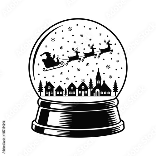 Christmas snow globe with santa claus and reindeer over village silhouette