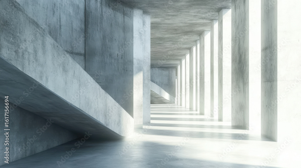 Fototapeta premium A minimalist, modern interior space with a concrete wall and a concrete floor. Sunlight streams through a window