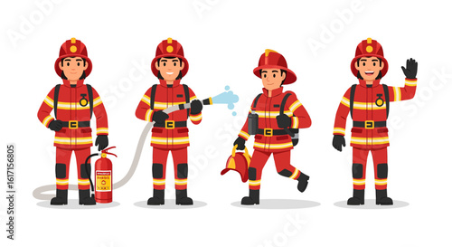 Firefighter character set illustration with a male fireman in uniform. Professional emergency worker with rescue equipment in various poses.
