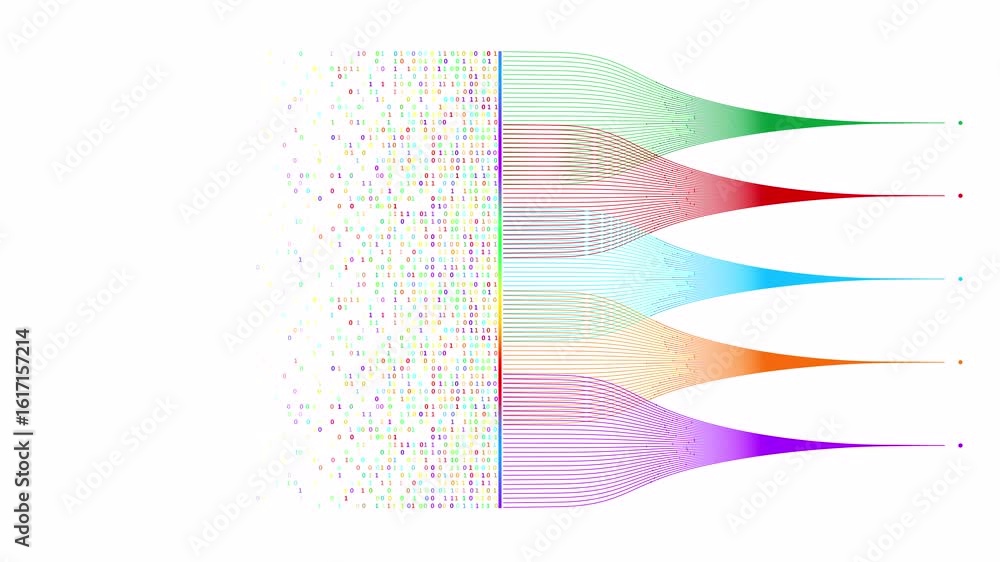 Loopable abstract animation of multicolored curved data lines merging ...