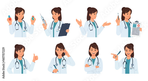 Collection of a female doctor character in different poses and actions. Medical professional illustration set.