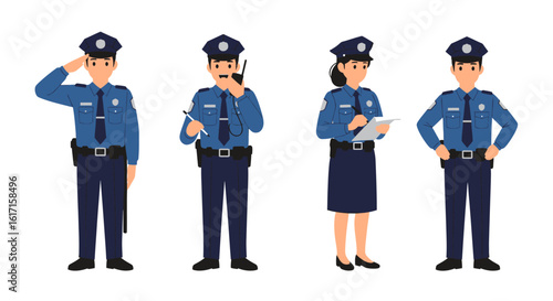 Police officer character collection. Male and female law enforcement professionals in uniform performing various duties. Vector illustration set.