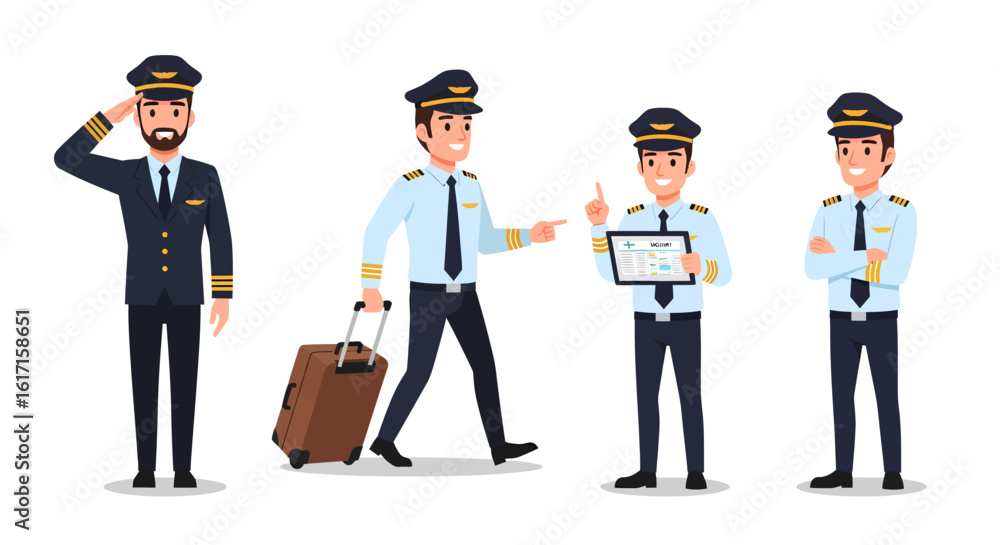 Collection of airline pilot character poses. Male aviator in uniform saluting, with luggage, holding a tablet, and smiling. Collection of airline pilot character poses. Male aviator in uniform saluting, with luggage, holding a tablet, and smiling.