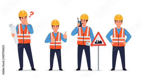 Construction Worker Poses Planning, Approval, Communication, and Site Supervision