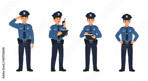 Male police officer character set in various action poses. Flat vector illustration of a cop on duty for law and order.