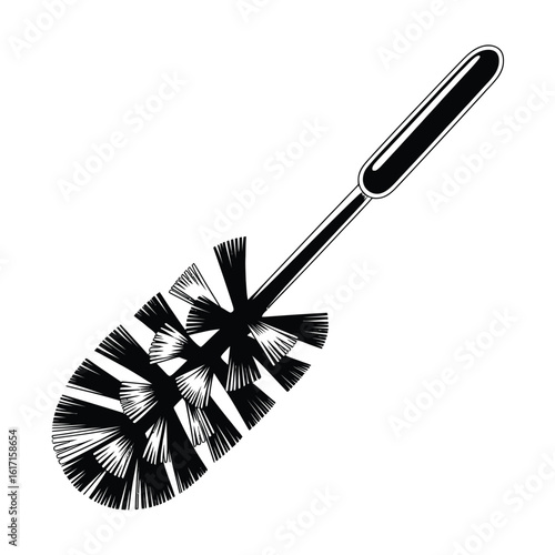 Black and white illustration of a toilet brush with a long handle