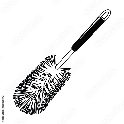 Hand drawn illustration of a fluffy toilet brush with a black handle
