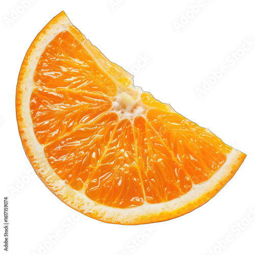 Close-up of an orange slice, showing the vibrant orange peel and juicy interior