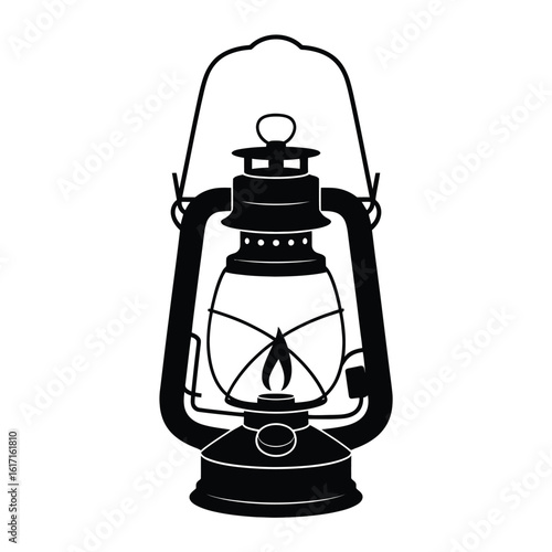 Vintage kerosene lantern with a glowing flame and metal handle