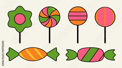 Collection of sweet confections and desserts featuring various candies lollipops and sugary treats for a whimsical visual theme