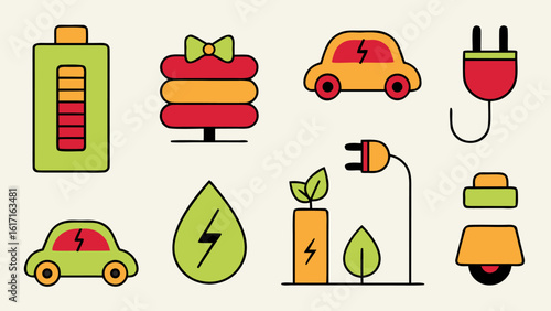 A comprehensive collection of clean modern outline icons representing various aspects of charging and battery power perfect for digital interfaces and applications