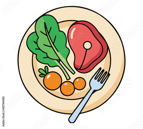 A plate of balanced meal with steak, greens, and tomatoes.