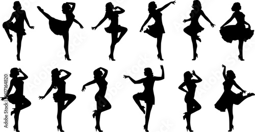 Set of vector silhouettes of sexy pinup girls in dance shoes. Shapes of a beautiful dancing woman in different poses. Beauty and fashion model icons isolated on a white background