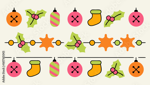 Festive horizontal holiday border design featuring classic holly and berry elements perfect for seasonal greetings and celebratory stationery