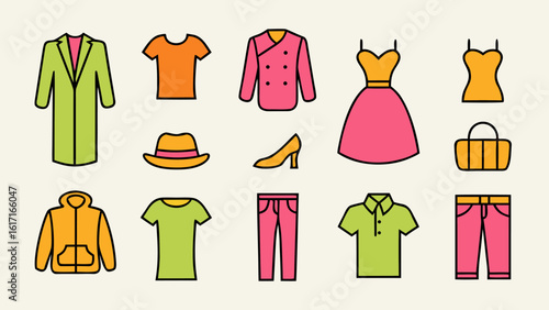 Comprehensive collection of apparel and style symbols featuring garments and accessories for modern design projects and creative applications