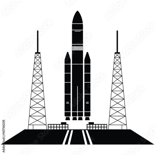 Black silhouette of a rocket on a launchpad with towers