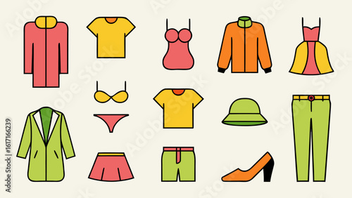 Comprehensive collection of apparel and style symbols featuring garments accessories and footwear for fashion design projects